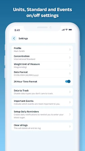 Configure profile, units, date format, 24-hour time, tracked events, reminders, and data management in settings