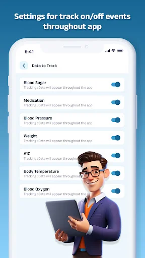 Settings to enable or disable tracking of blood sugar, medication, BP, weight, A1C, temperature, and oxygen throughout app