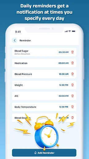 Reminder settings with notification times for blood sugar, medication, BP, weight, A1C, temperature, and oxygen tracking