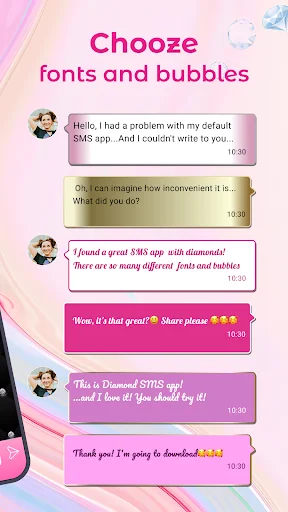 SMS app chat bubbles customization screen showing different fonts and bubble styles in pink and beige colors