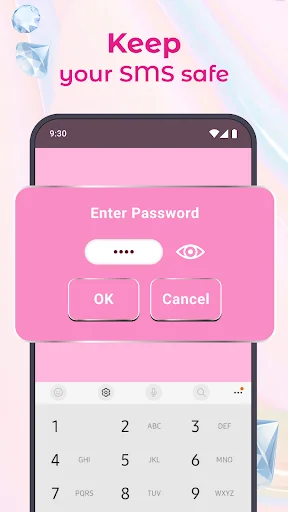 SMS password protection screen with pink security dialog and keyboard for private messaging feature