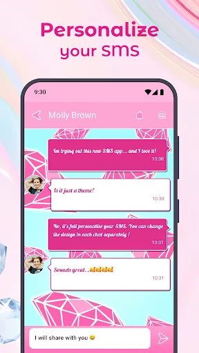 Personalized SMS conversation with custom pink and cyan diamond pattern theme for text message bubbles