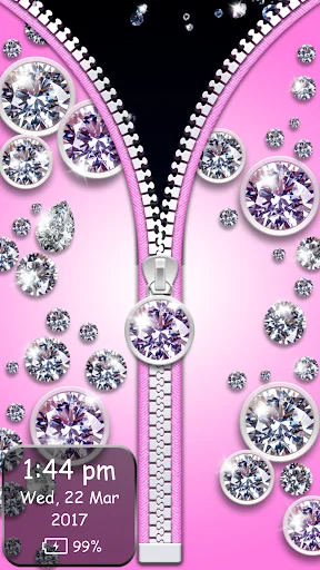 Pink diamond zipper lock screen displaying time, date and battery status with sparkling gemstone decorations