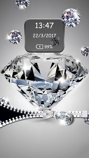 3D diamond lock screen showing time and date with zipper decoration for phone personalization