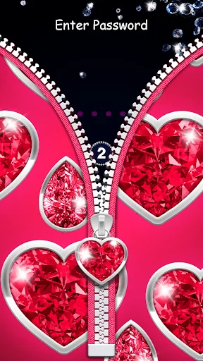 Red heart-shaped gemstone zipper lock screen with password entry for girls phone customization