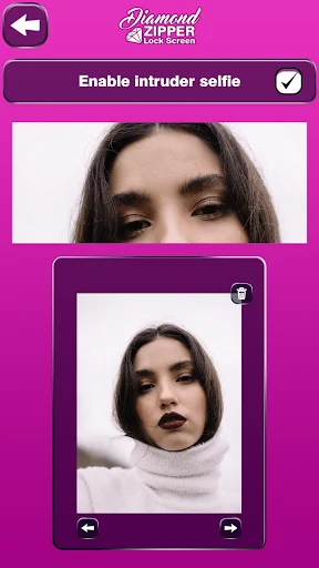 Diamond zipper lock screen settings showing intruder selfie security feature with photo capture preview