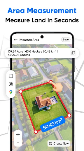 Area Measurement screen showing aerial map view with red polygon boundary marking 50.43 km² land area in seconds using GPS technology