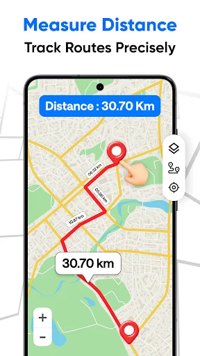 Distance measurement screen displaying map with red tracking line showing 30.70 km route distance measured precisely with GPS markers