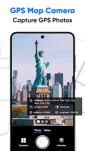 GPS Map Camera screen displaying Statue of Liberty photo with location coordinates, address, date, time, and metadata overlay information