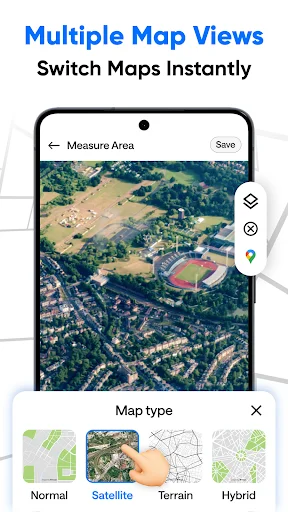 Map type selection modal showing Normal, Satellite, Terrain, and Hybrid view options to switch maps instantly for GPS measurements