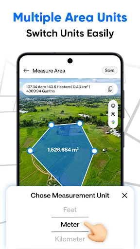 Area unit selector modal showing Feet, Meter, and Kilometer options to switch measurement units easily for land area calculations