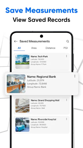 Saved Measurements list view displaying multiple saved location records with thumbnail images, coordinates, and location names for quick access