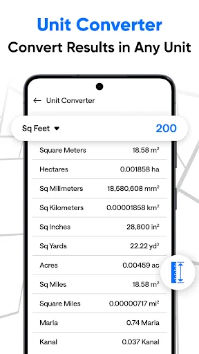 Unit Converter tool displaying 200 square feet converted into multiple units including square meters, hectares, acres, and kilometers