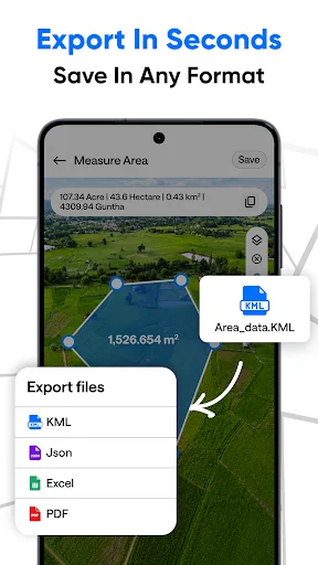 Export file format modal showing KML, JSON, Excel, and PDF export options to save GPS area and distance measurements in seconds