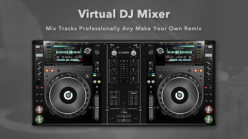 Virtual DJ Mixer - Professional 3D dual turntables with center mixer console, equalizers, and remix track creation