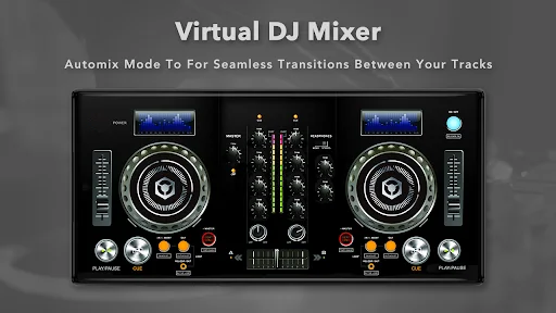 DJ Mixer with Automix mode featuring dual turntables, waveform displays, and seamless track transition controls