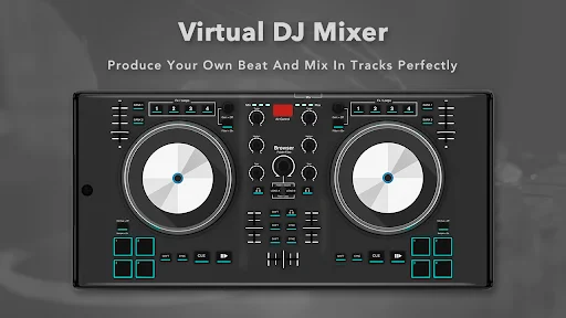 3D DJ mixer app showing dual turntables with beat production controls and cyan pad controls for track mixing