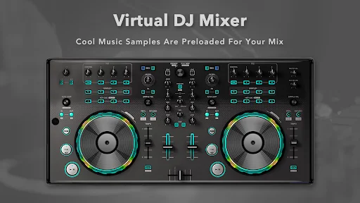 DJ Audio Editor with neon-glowing turntables and preloaded music sample pads for custom mix creation
