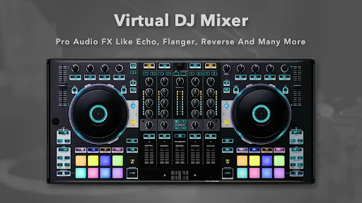 Professional DJ mixer with audio effects like echo, flanger, reverse, dual turntables, and colorful effect pads