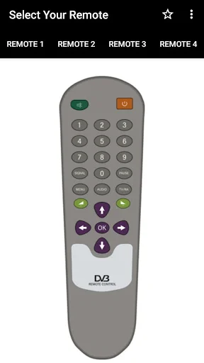 DTH Remote Control app showing gray DVB remote with numeric keypad and navigation buttons - Remote 1 interface