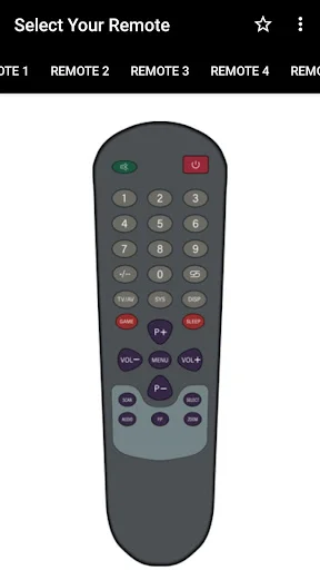 DTH Remote Control app displaying dark remote with volume controls and channel navigation - Remote 2 option