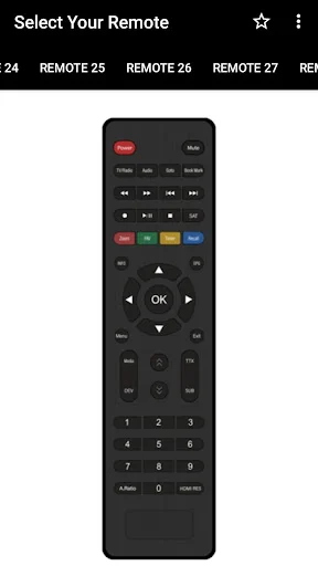 DTH Remote Control app tall black remote with menu buttons and numeric keypad - Remote 26 configuration