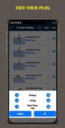 Edit Your Plan customizable workout screen with exercise list, adjustable reps, weight load, and rest time controls