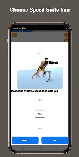 Choose Speed exercise animation speed selection screen showing speed options from 1.2x to 1.4x for workout playback