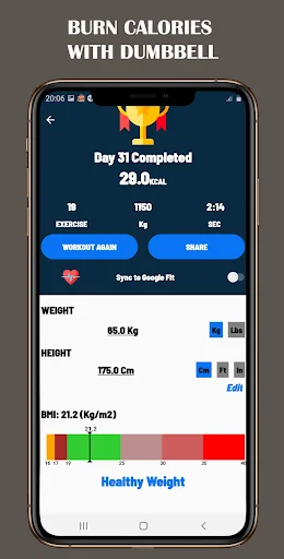 Burn Calories workout completion summary showing day 31 progress, calories burned, weight, height, and BMI health metrics