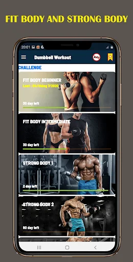 Fit Body and Strong Body workout program menu on mobile phone showing beginner to intermediate fitness level training options