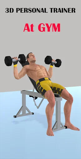 3D Personal Trainer animation demonstrating dumbbell exercise on bench at gym with realistic muscle and movement visualization