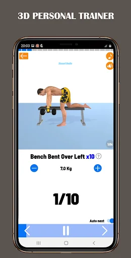 3D Personal Trainer exercise screen displaying Bench Bent Over Left workout with weight tracking, rep counter, and auto rest timer