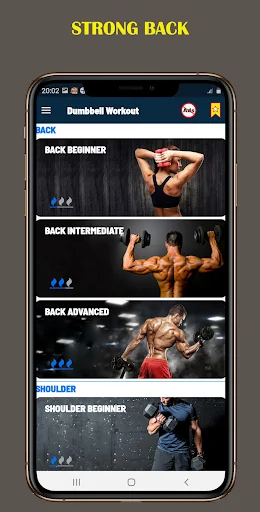Strong Back workout program menu showing back and shoulder training categories from beginner to advanced dumbbell exercises