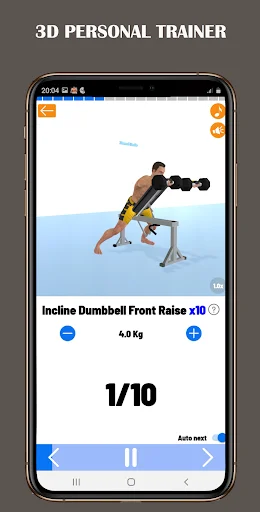 3D Personal Trainer animation demonstrating Incline Dumbbell Front Raise exercise with weight specifications and rep tracking interface