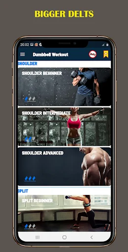 Bigger Delts shoulder workout program menu showing shoulder training tiers and split routine options for dumbbell exercises