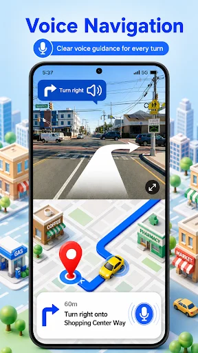 Voice navigation showing turn-by-turn directions with audio guidance on satellite map view