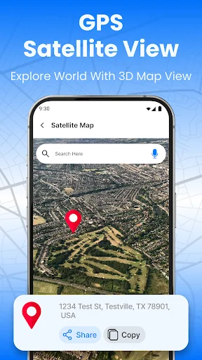 Satellite map view with aerial imagery, location pin, and address sharing functionality