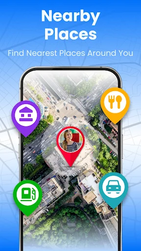 Find nearby amenities like restaurants, hotels, and gas stations on satellite map view