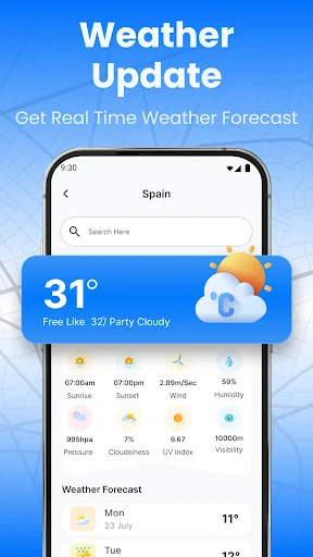 Real-time weather forecast showing temperature, conditions and detailed meteorological data