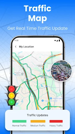 Live traffic map with color-coded road severity showing congestion levels for navigation