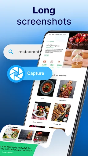 Long screenshot capture app showing restaurant search with blue capture button on mobile interface