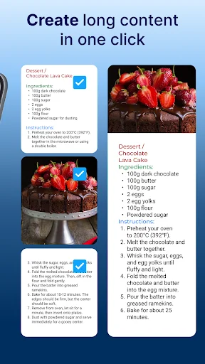 Create long content feature combining recipe screenshots with chocolate cake ingredients and instructions