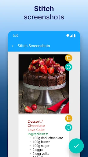 Stitch screenshots feature displaying chocolate cake recipe with editing tools and action buttons