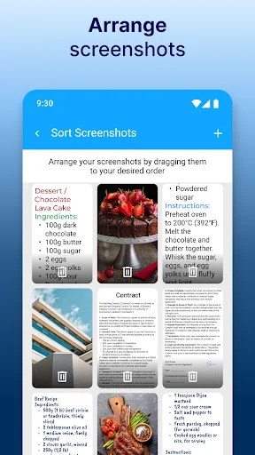 Arrange screenshots by dragging feature showing recipe content organization with sort functionality