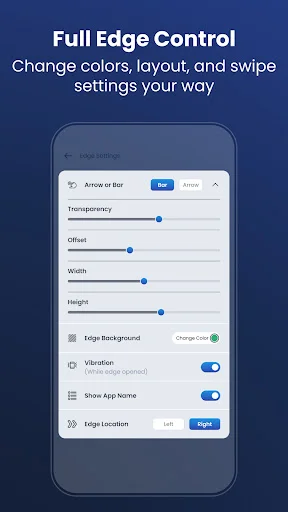 Edge Screen settings control panel with customization sliders for transparency, offset, width, height, and feature toggles