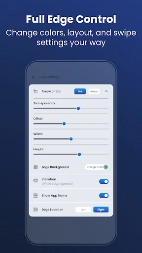 Edge Screen settings panel with sliders for transparency, offset, width, height adjustments and toggles for background, vibration, and location options