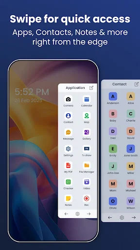 Edge Screen sidebar displaying quick app launcher icons including Contacts, Calendar, Camera, Messages, Maps, Gallery, and Settings