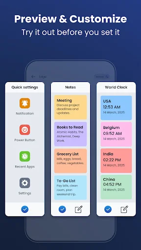 Edge Screen customizable widget preview panels showing Quick settings, Notes, World Clock with notification and power button icons