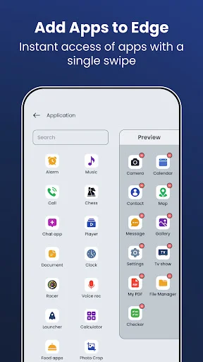 Edge Screen app addition interface with searchable application grid including Alarm, Music, Call, Chess, Telegram, and more apps