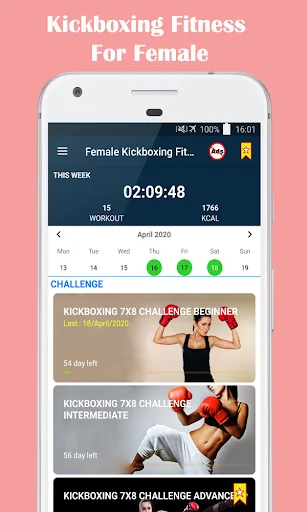 Kickboxing workout dashboard with weekly stats, calendar, and beginner to advanced challenge levels